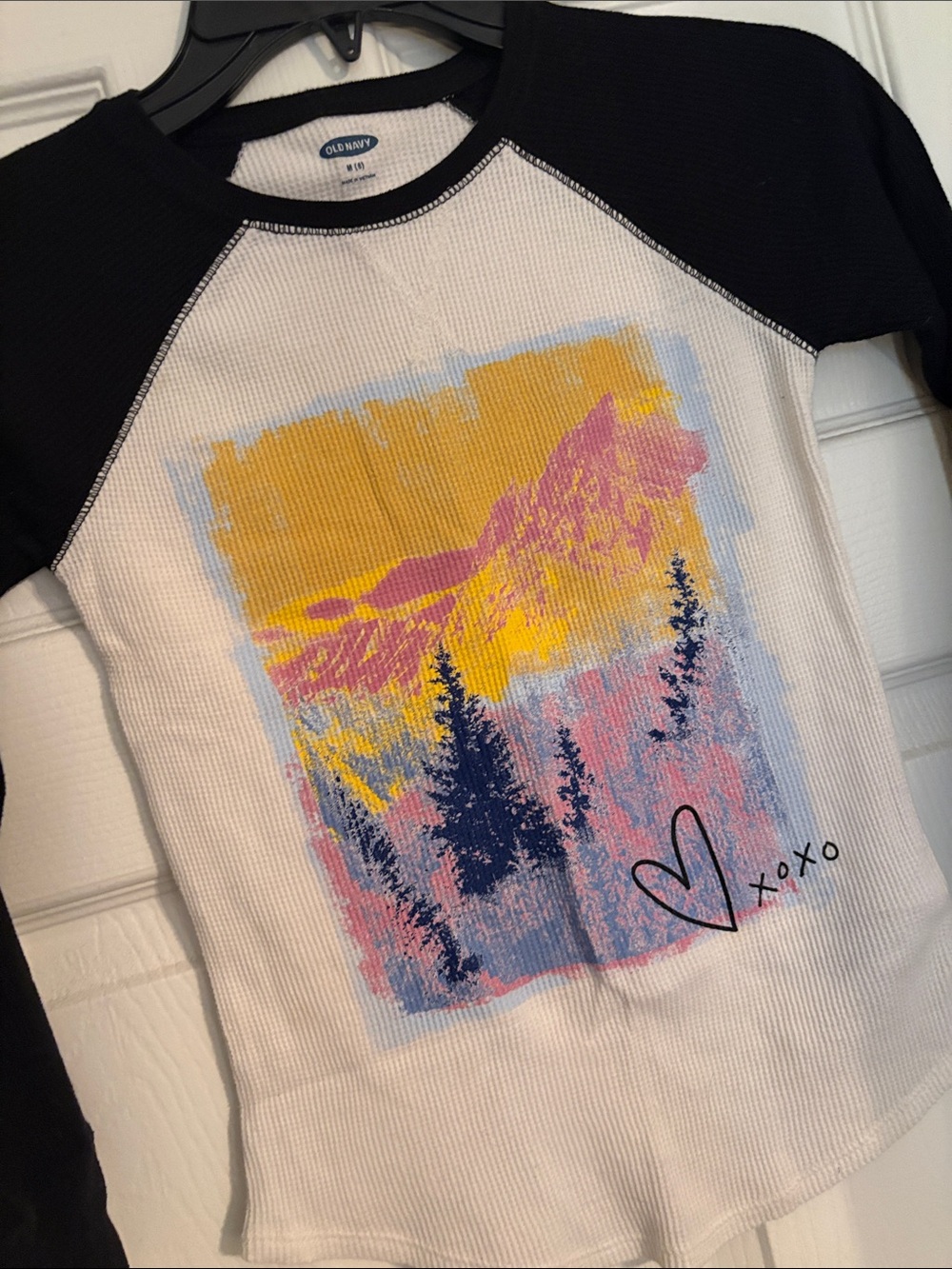 Old Navy Black & White Long-Sleeve Tee with Pink, Yellow & Navy Mountain Graphic